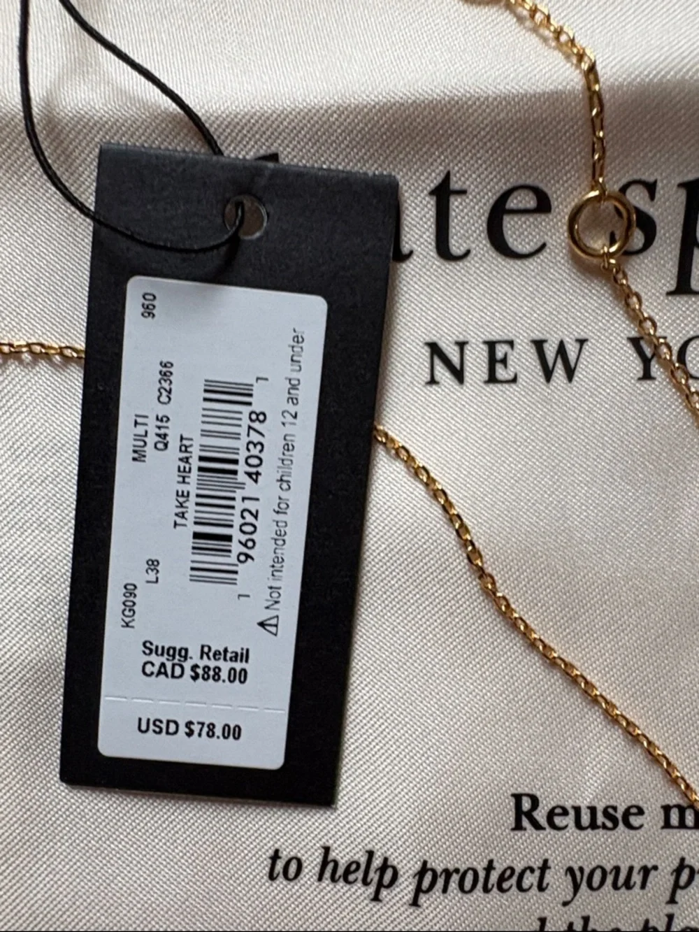 kate spade Gold Heart Necklace with Multicolor Crystal Border adjustable - Picture 8 of 8